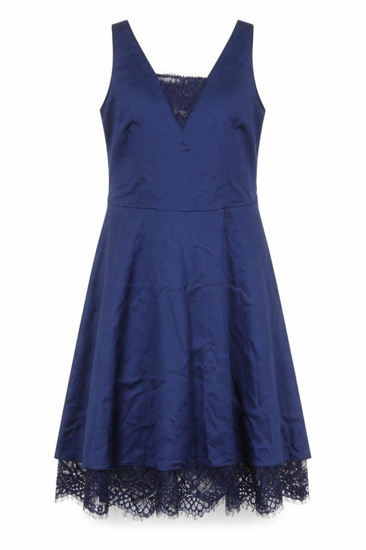 Front view of Paraphrase women’s blue polyester fit & flare, size M, square neck zip