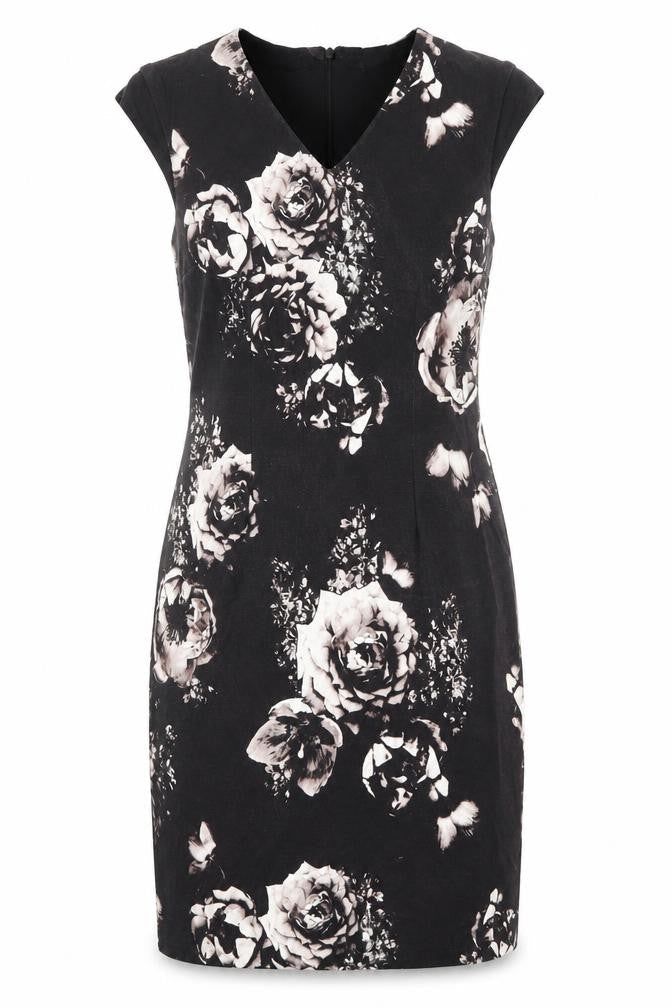 Precis Womens Black Floral Viscose Shift Size 14 V-Neck Zip