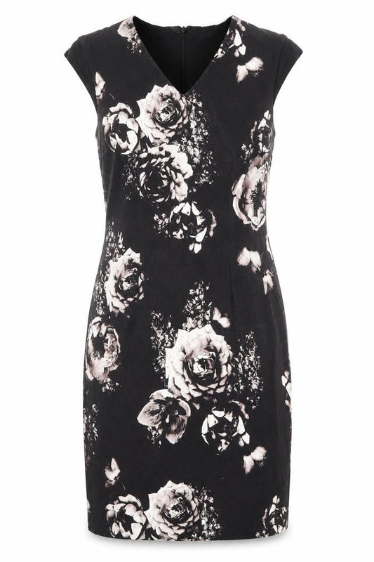 Precis Womens Black Floral Viscose Shift Size 14 V-Neck Zip