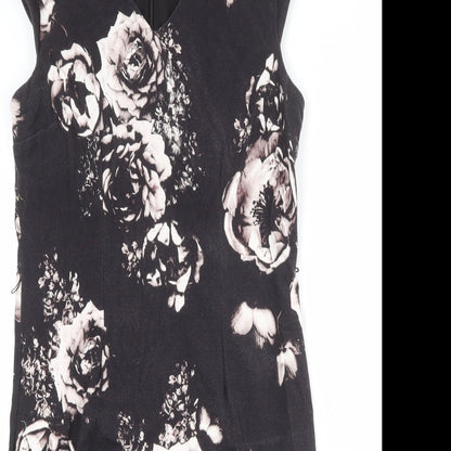 Precis Womens Black Floral Viscose Shift Size 14 V-Neck Zip