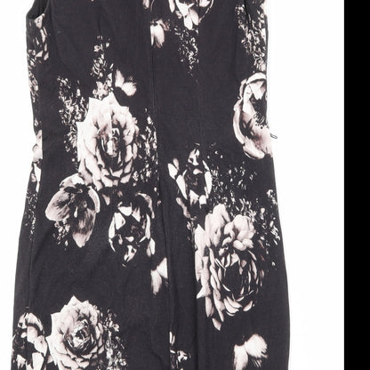 Precis Womens Black Floral Viscose Shift Size 14 V-Neck Zip