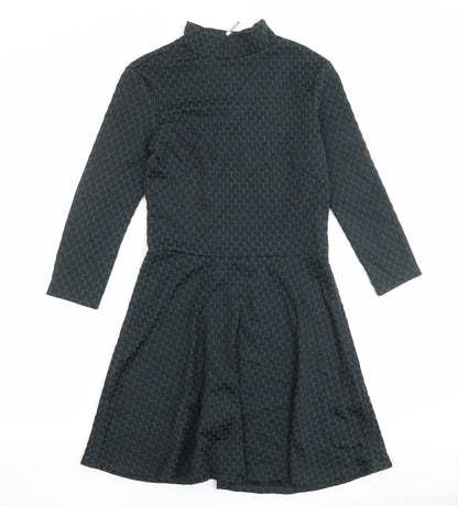 H&M Womens Green Geometric Cotton Skater Dress Size S Mock Neck Zip