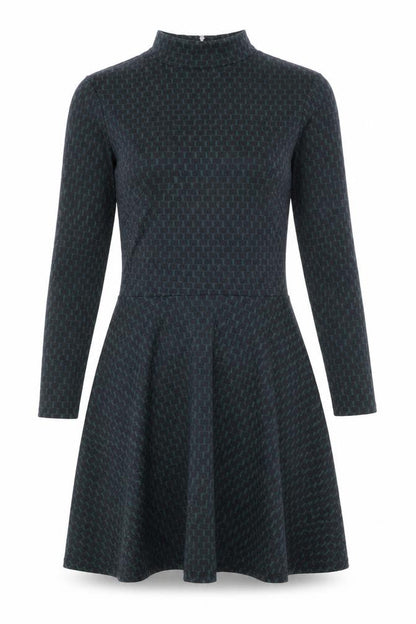 H&M Womens Green Geometric Cotton Skater Dress Size S Mock Neck Zip