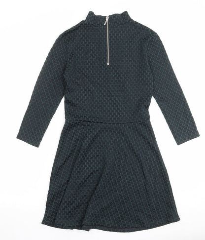 H&M Womens Green Geometric Cotton Skater Dress Size S Mock Neck Zip
