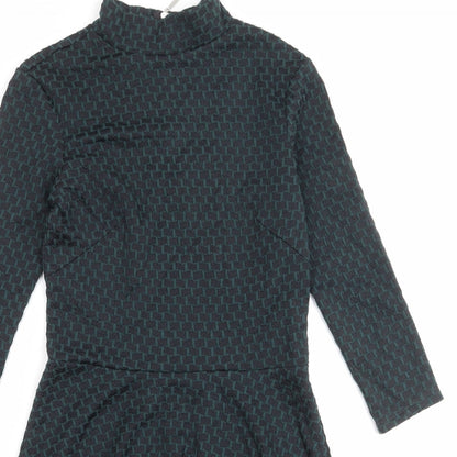 H&M Womens Green Geometric Cotton Skater Dress Size S Mock Neck Zip