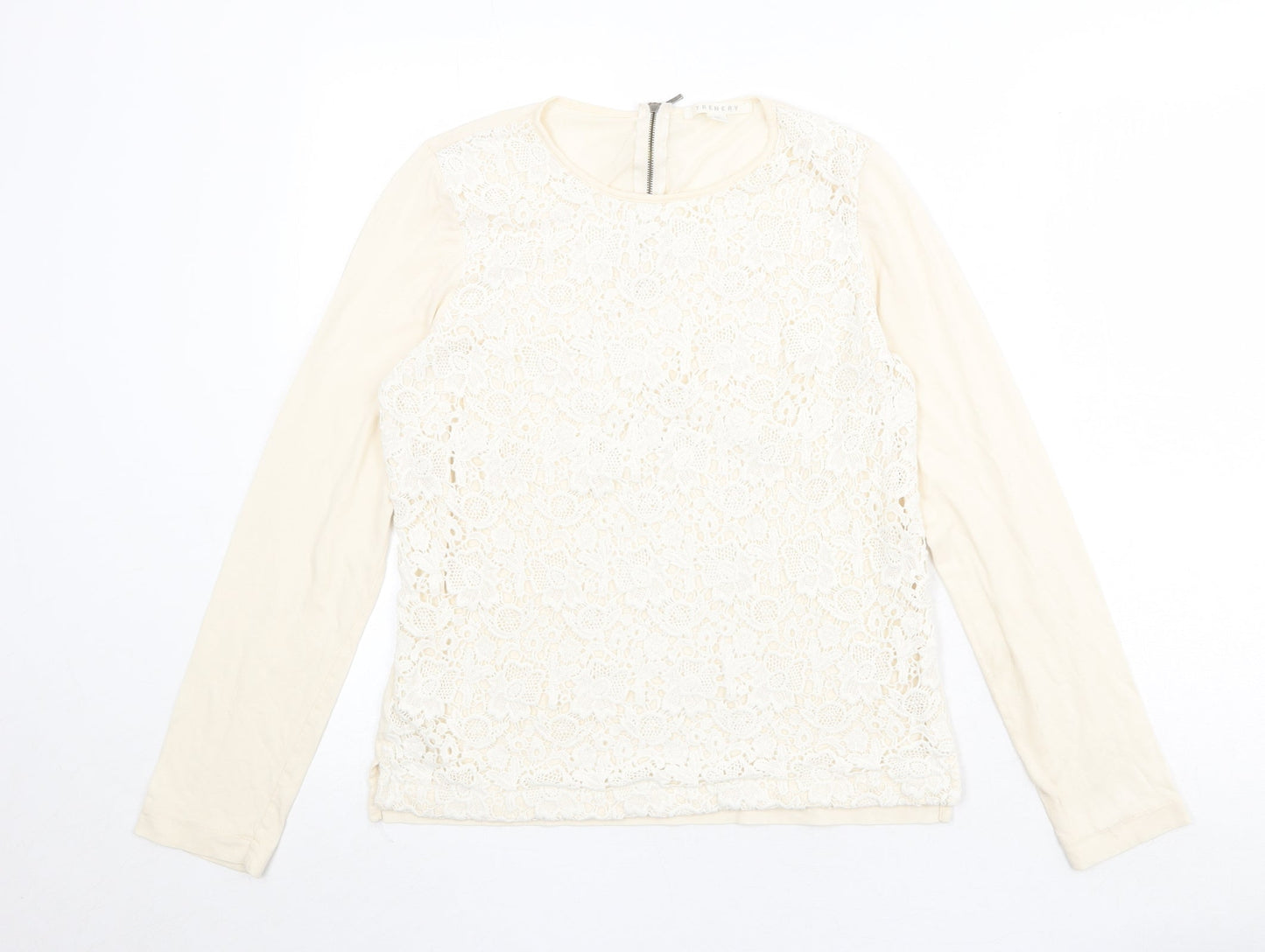 Trenery Womens Beige Cotton Basic Blouse Size XS Round Neck - Crocheted Lace Front