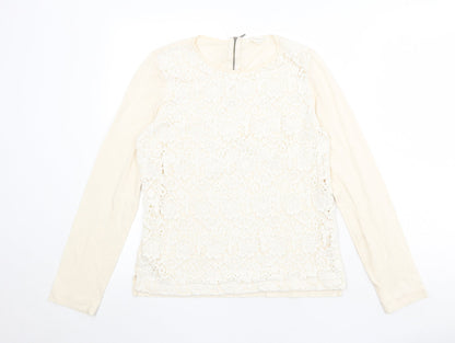 Trenery Womens Beige Cotton Basic Blouse Size XS Round Neck - Crocheted Lace Front