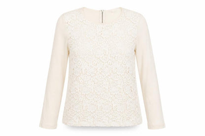Trenery Womens Beige Cotton Basic Blouse Size XS Round Neck - Crocheted Lace Front