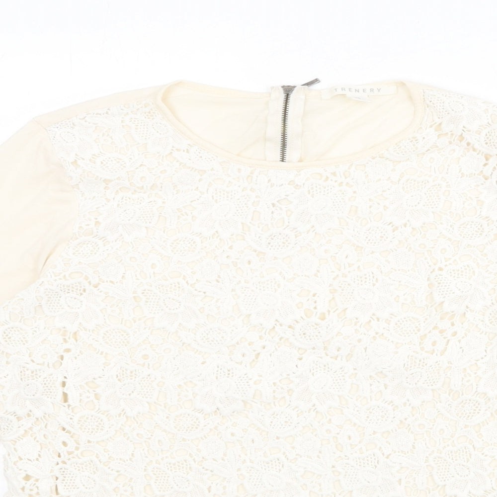 Trenery Womens Beige Cotton Basic Blouse Size XS Round Neck - Crocheted Lace Front
