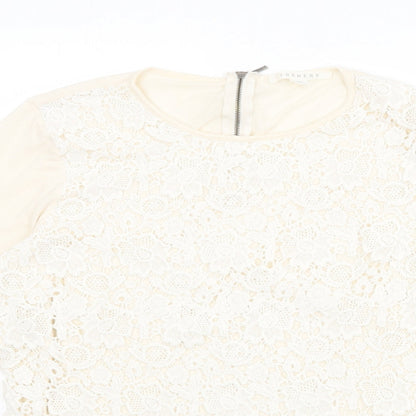 Trenery Womens Beige Cotton Basic Blouse Size XS Round Neck - Crocheted Lace Front