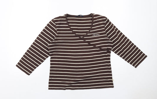 Maine Womens Brown Striped Cotton Basic T-Shirt Size 14 V-Neck