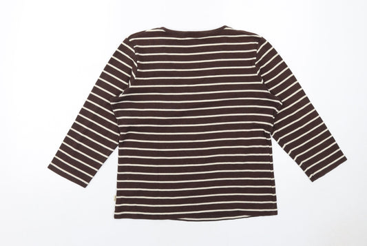 Maine Womens Brown Striped Cotton Basic T-Shirt Size 14 V-Neck