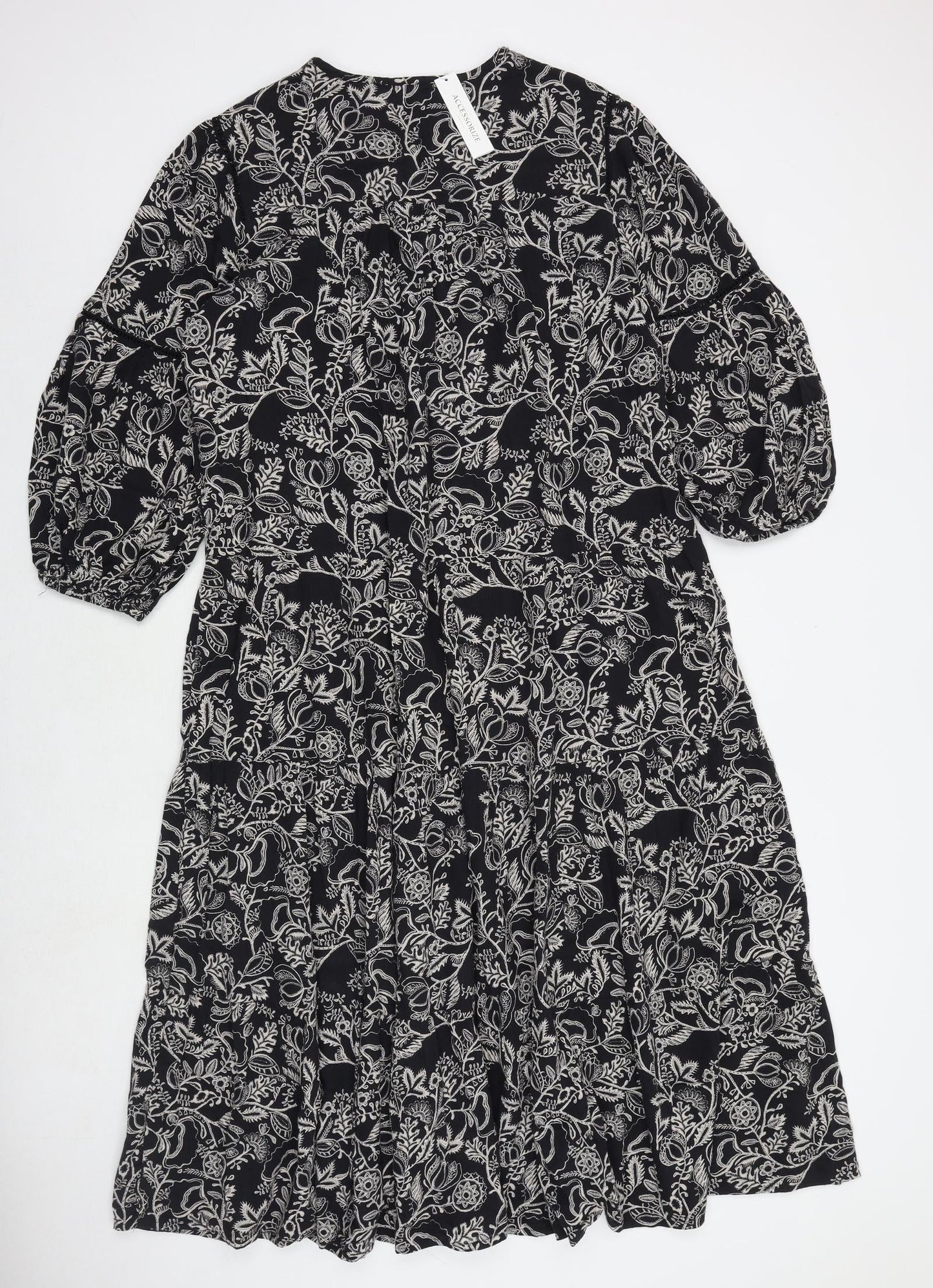 Accessorize Womens Black Floral Polyester A-Line Size M V-Neck Pullover