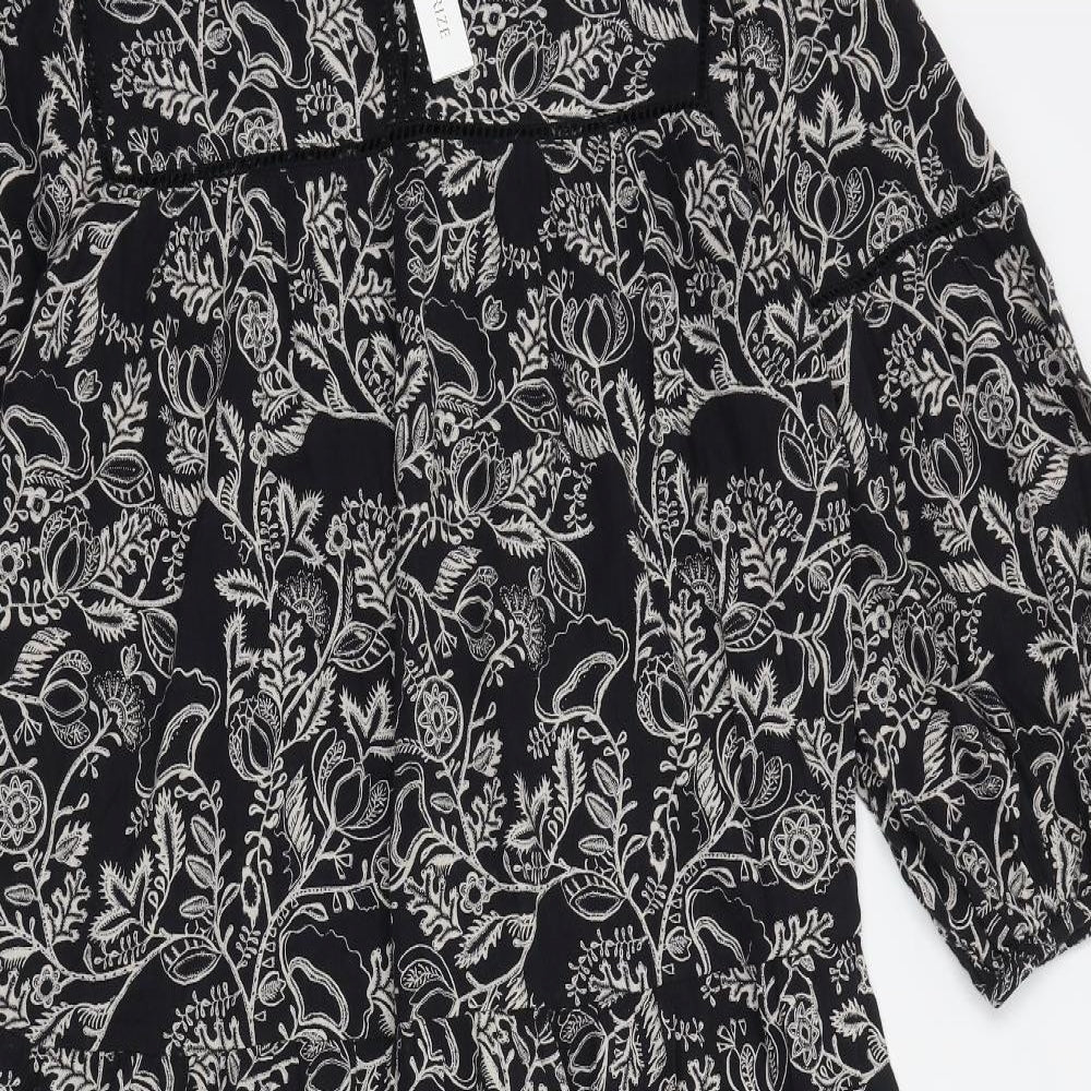 Accessorize Womens Black Floral Polyester A-Line Size M V-Neck Pullover