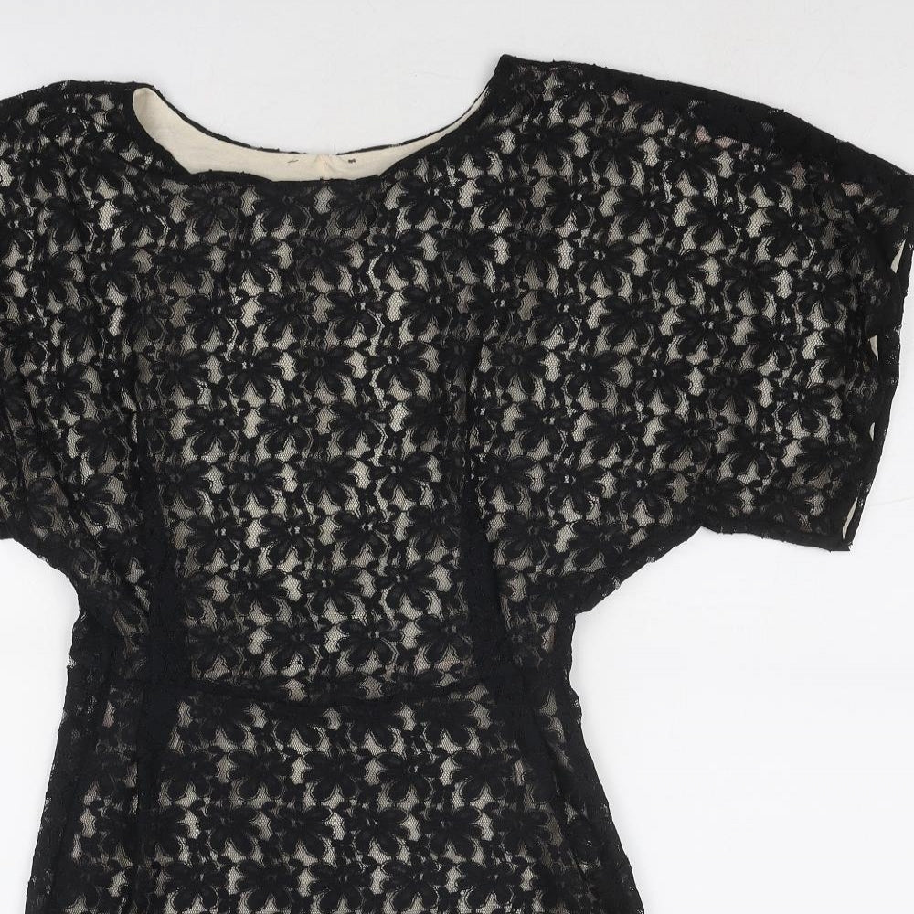 Topshop Womens Black Geometric Polyester Shift Size 10 Round Neck Button