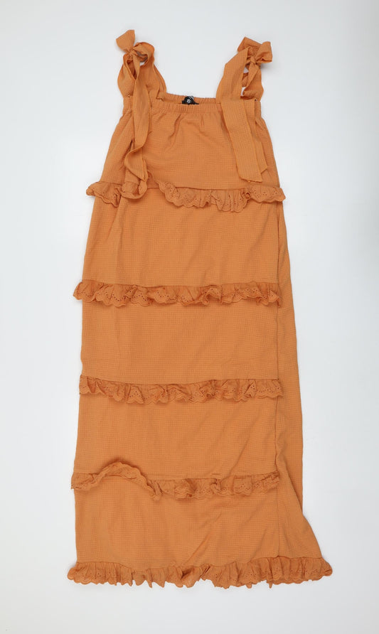 Missguided Womens Orange Polyester Tank Dress Size 6 Square Neck Pullover - Tie Shoulder Detail