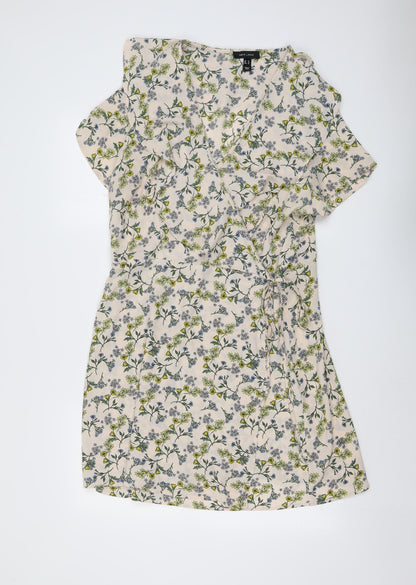 New Look Womens Beige Floral Polyester A-Line Size 8 V-Neck Tie - Wrap Style