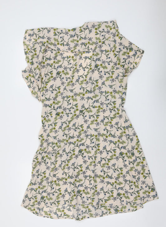 New Look Womens Beige Floral Polyester A-Line Size 8 V-Neck Tie - Wrap Style