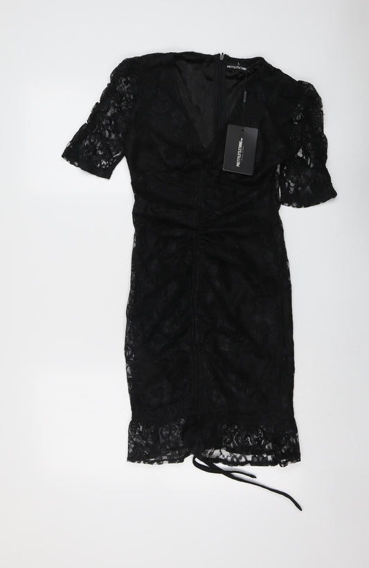 PRETTYLITTLETHING Womens Black Polyester Bodycon Size 6 V-Neck Zip