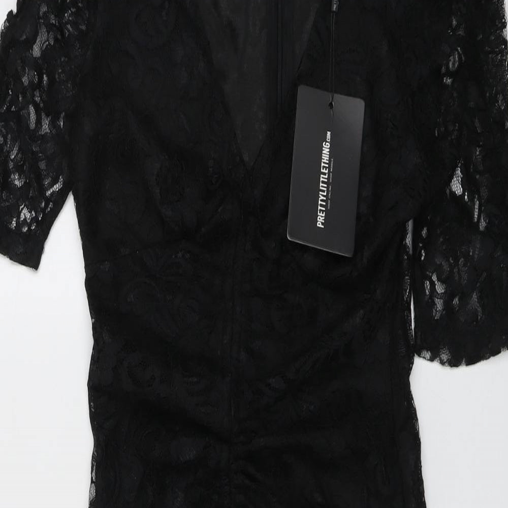 PRETTYLITTLETHING Womens Black Polyester Bodycon Size 6 V-Neck Zip
