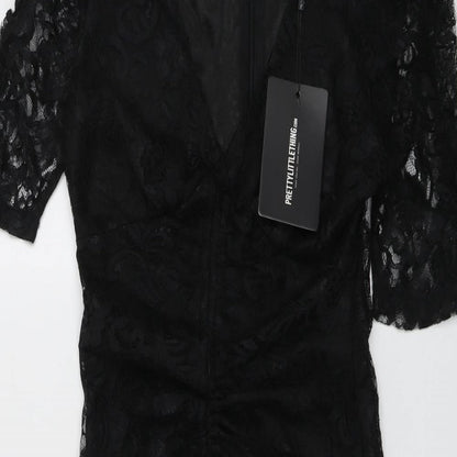 PRETTYLITTLETHING Womens Black Polyester Bodycon Size 6 V-Neck Zip