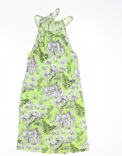 Warehouse Womens Green Geometric Viscose A-Line Size 8 Round Neck Tie - Wild Cat Print