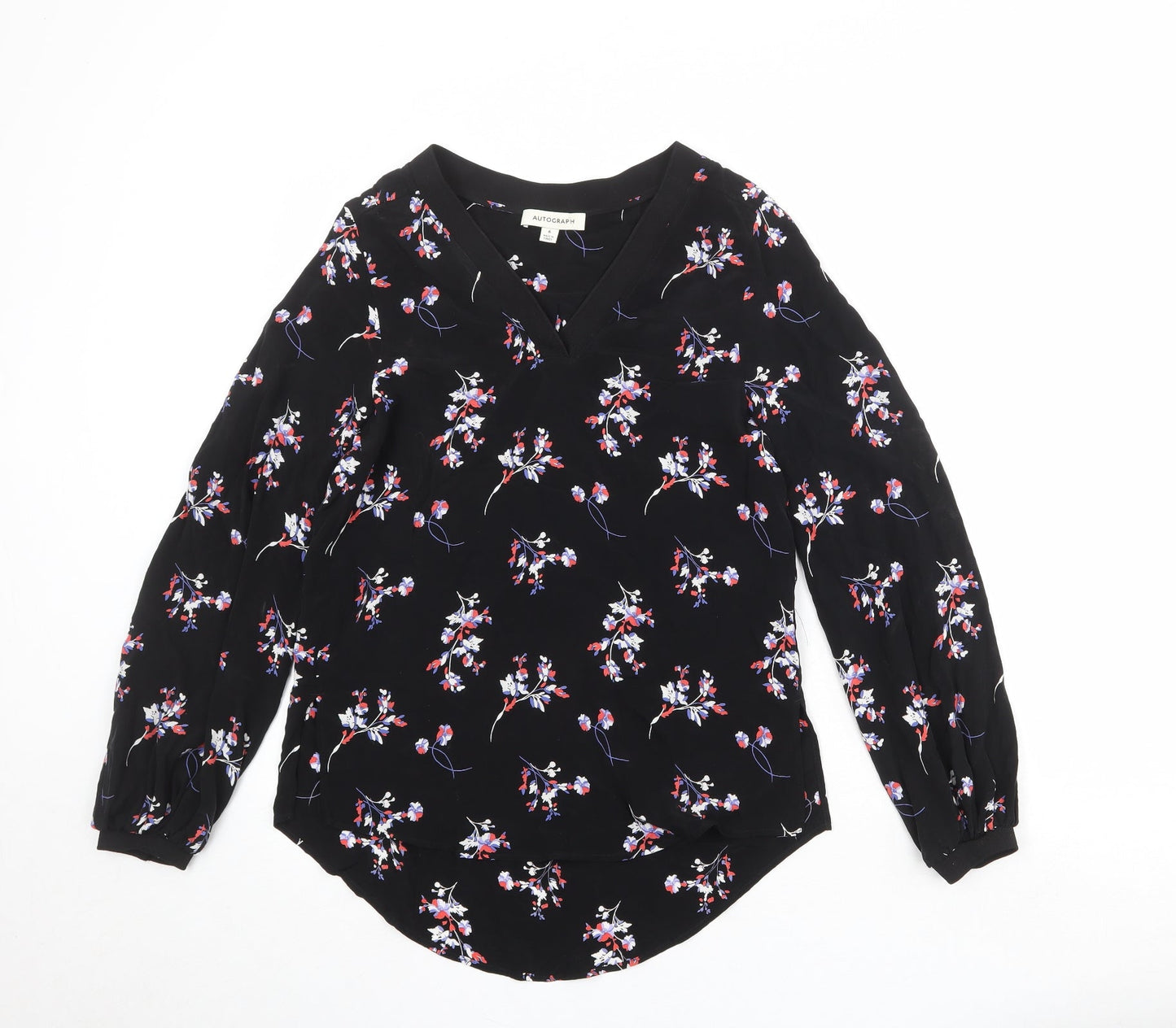 Autograph Womens Black Floral Cupro Basic Blouse Size 6 V-Neck