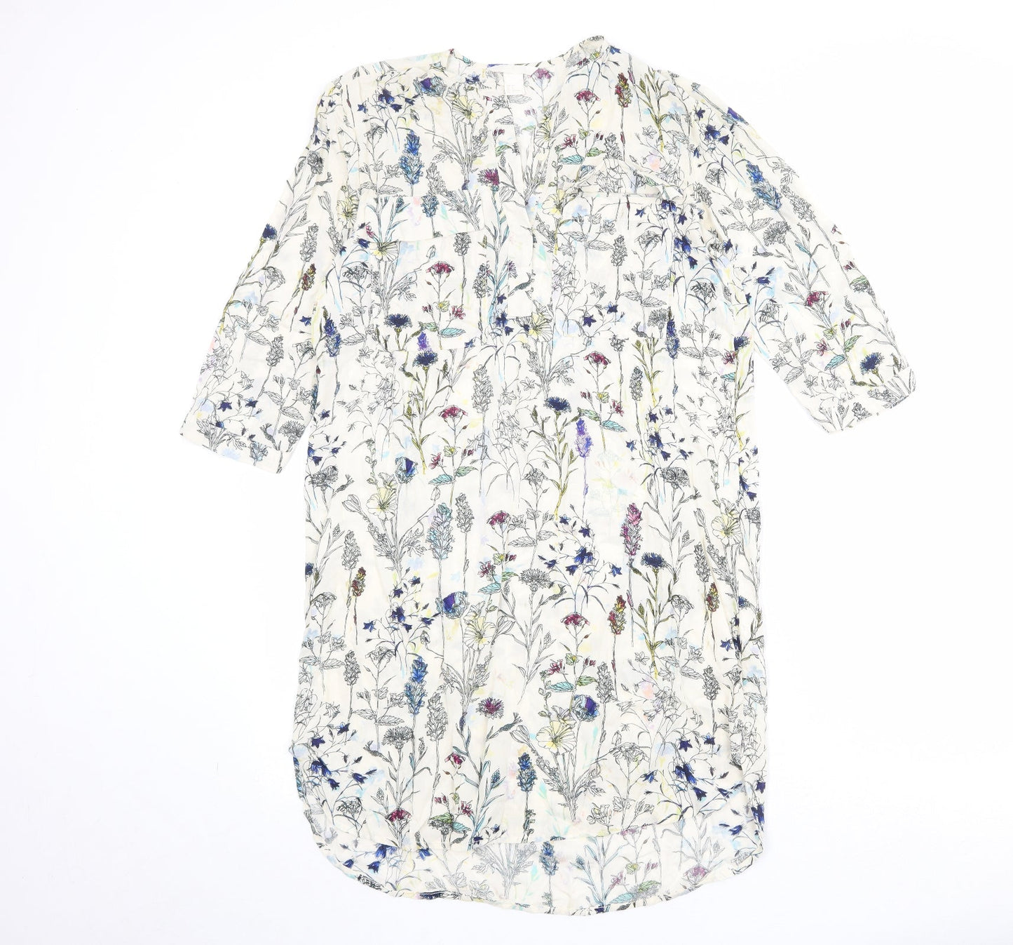 H&M Womens Beige Floral Viscose Sheath Size 8 V-Neck Button