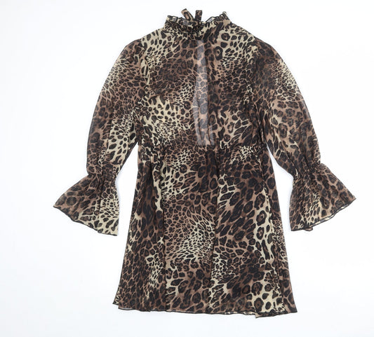 Missguided Womens Brown Animal Print Polyester A-Line Size 8 Mock Neck Tie - Leopard Print