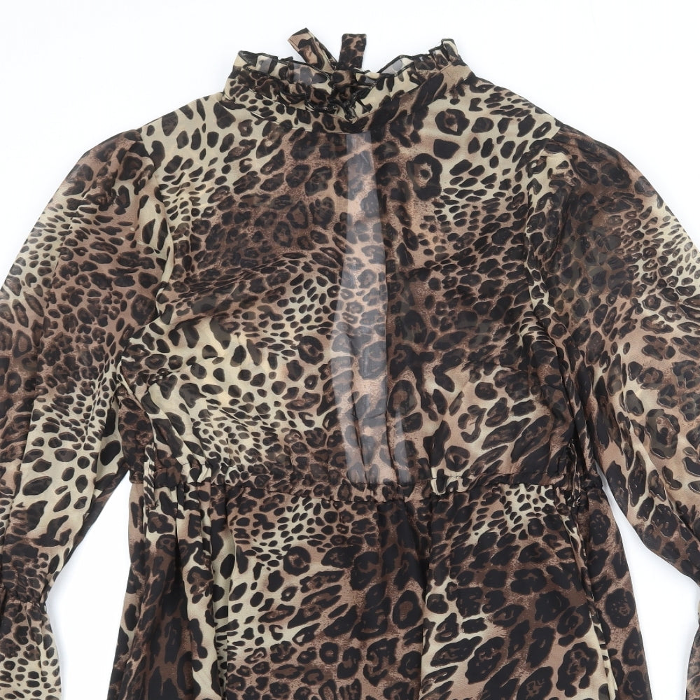 Missguided Womens Brown Animal Print Polyester A-Line Size 8 Mock Neck Tie - Leopard Print