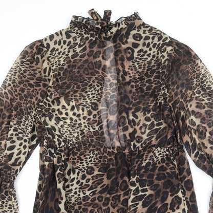 Missguided Womens Brown Animal Print Polyester A-Line Size 8 Mock Neck Tie - Leopard Print
