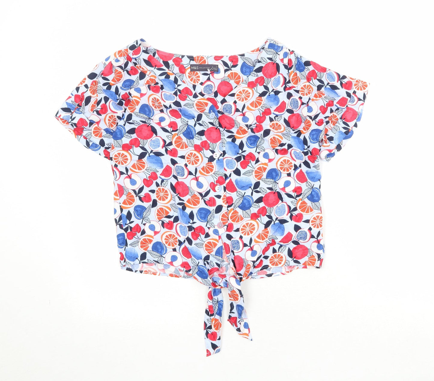 Marks and Spencer Womens Multicoloured Geometric Viscose Basic Button-Up Size 8 V-Neck - Knot Front