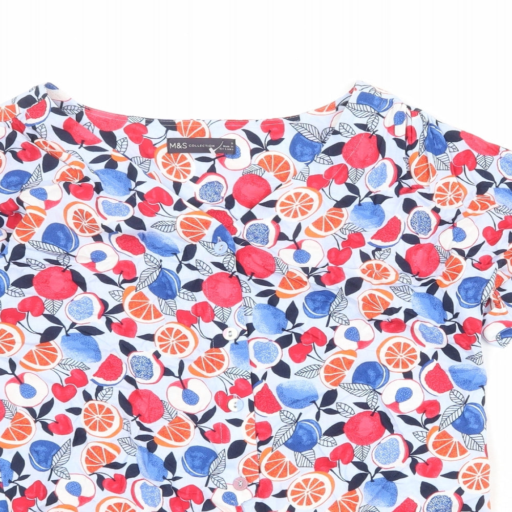 Marks and Spencer Womens Multicoloured Geometric Viscose Basic Button-Up Size 8 V-Neck - Knot Front