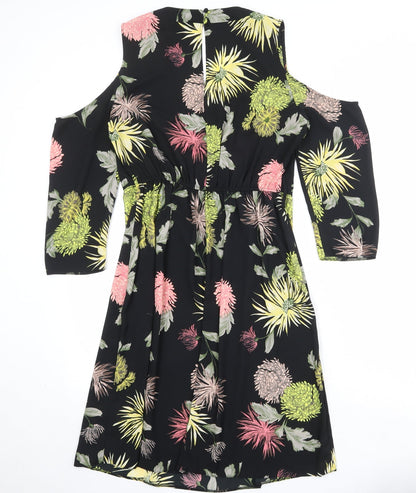 Very Womens Black Floral Polyester Sheath Size 16 V-Neck Button - Cold Shoulder