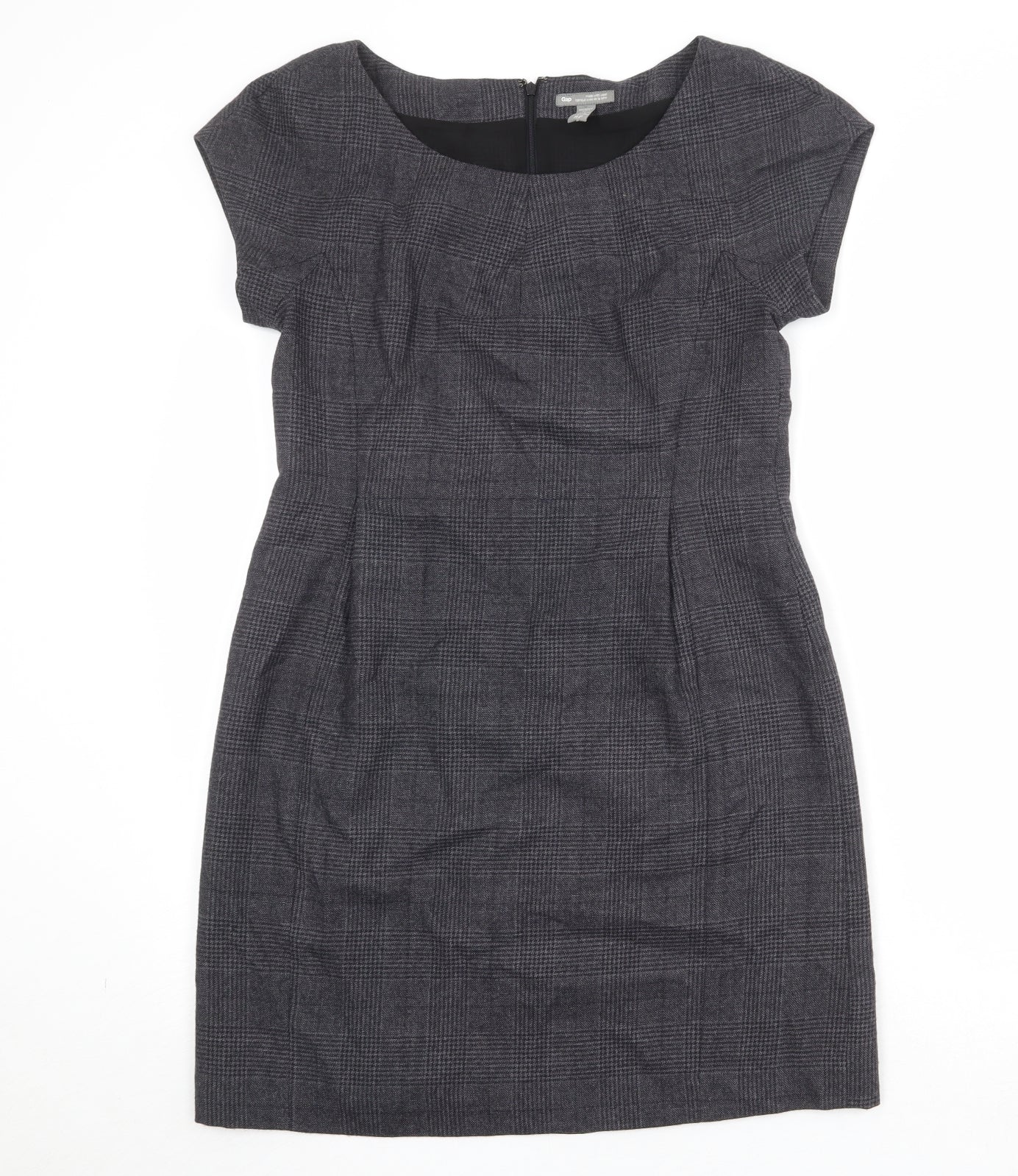 Gap Womens Grey Plaid Wool Shift Size 10 Boat Neck Zip