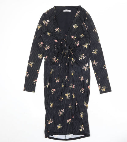 Per Una Womens Black Floral Nylon A-Line Size 8 V-Neck Pullover