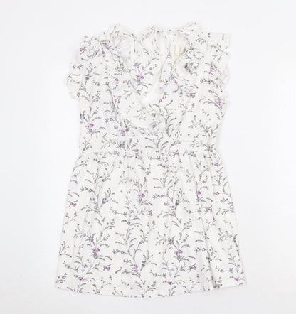 H&M Womens White Geometric Polyester A-Line Size S V-Neck Tie