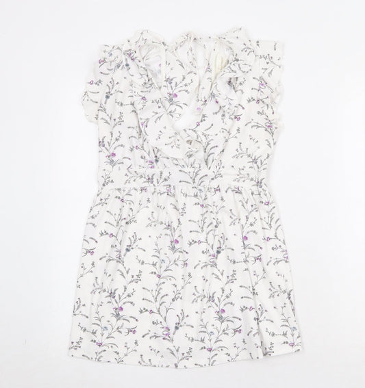 H&M Womens White Geometric Polyester A-Line Size S V-Neck Tie