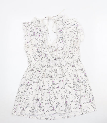 H&M Womens White Geometric Polyester A-Line Size S V-Neck Tie