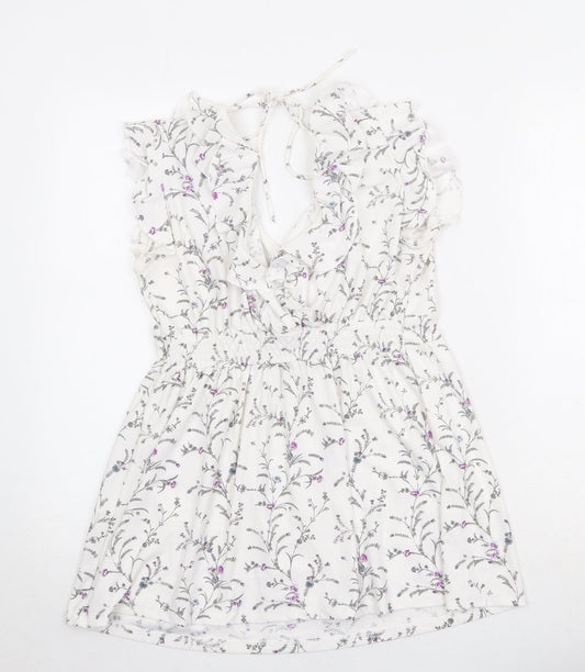 H&M Womens White Geometric Polyester A-Line Size S V-Neck Tie