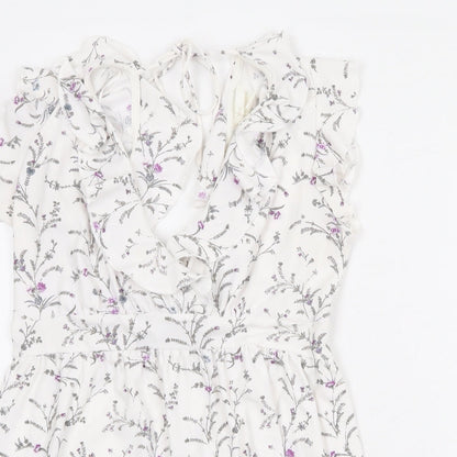 H&M Womens White Geometric Polyester A-Line Size S V-Neck Tie