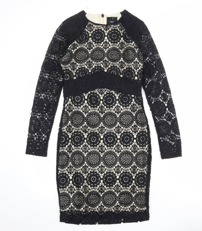 NEXT Womens Black Geometric Nylon Shift Size 6 Round Neck Zip