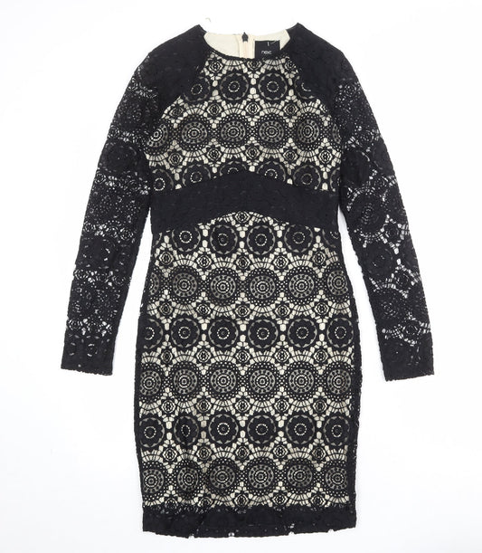 NEXT Womens Black Geometric Nylon Shift Size 6 Round Neck Zip