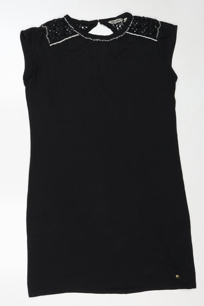 Garcia Womens Black Linen A-Line Size L Round Neck Button