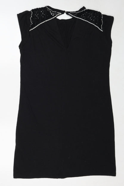 Garcia Womens Black Linen A-Line Size L Round Neck Button