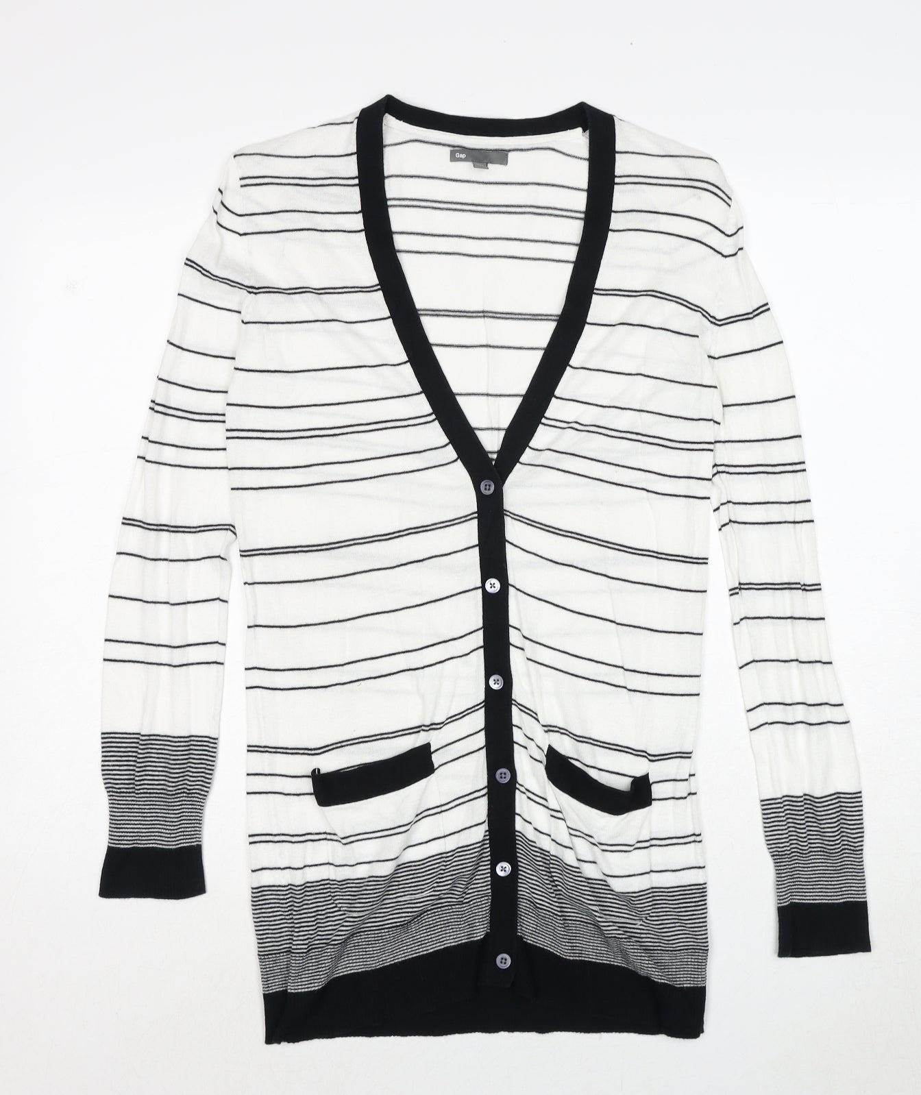 Gap Womens White V-Neck Striped Cotton Cardigan Jumper Size S
