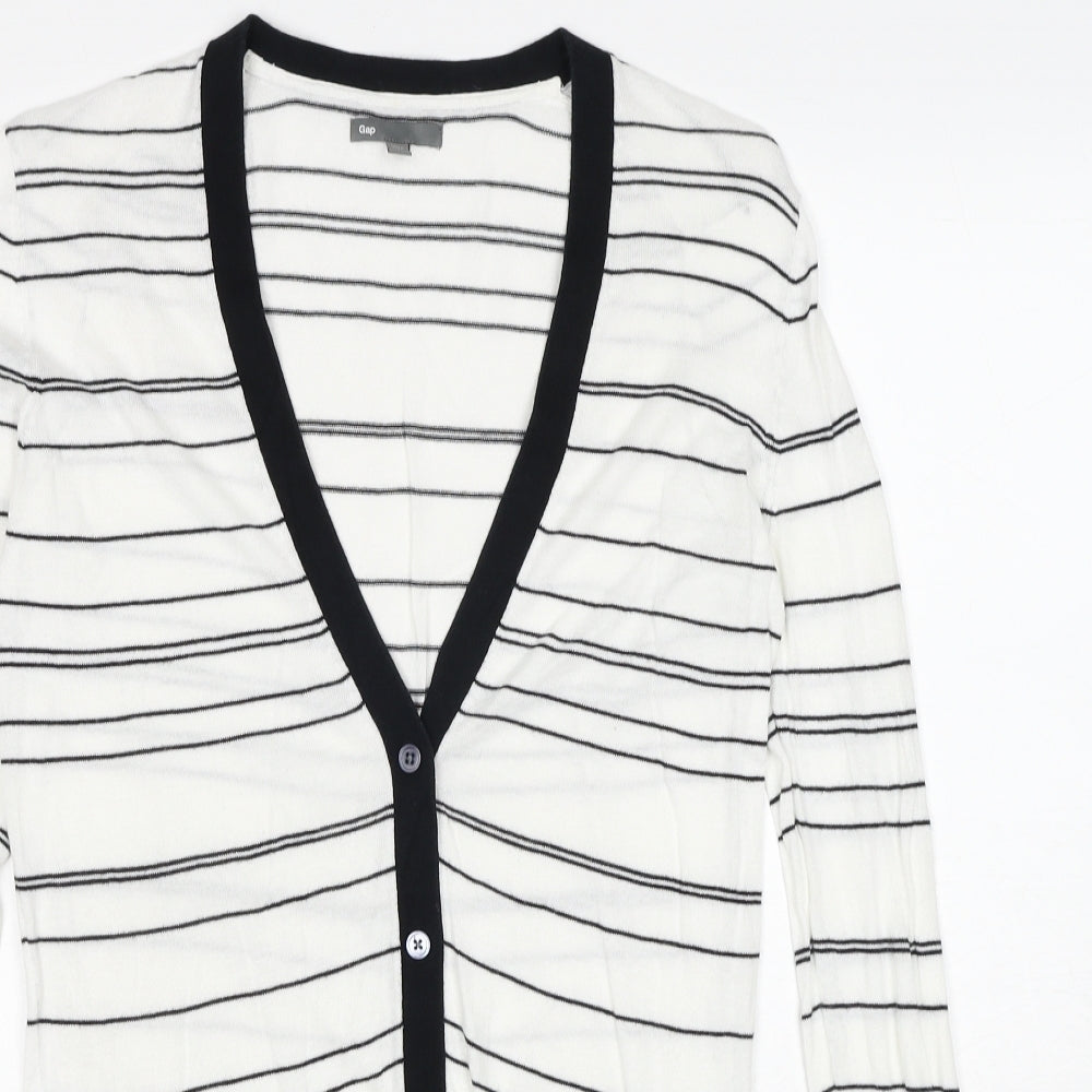 Gap Womens White V-Neck Striped Cotton Cardigan Jumper Size S