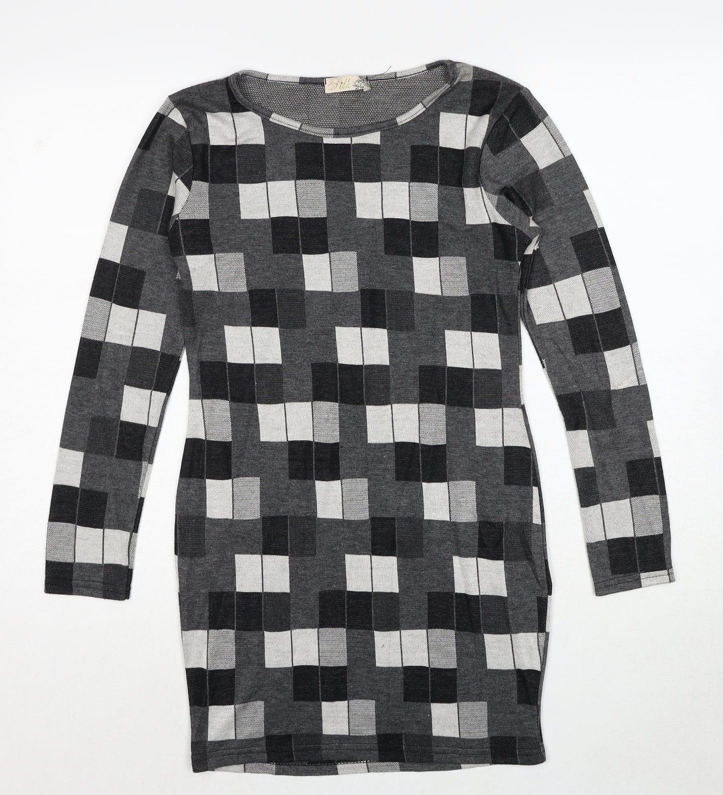 Silk Womens Grey Geometric Polyester Shift Size 10 Round Neck Pullover
