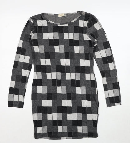 Silk Womens Grey Geometric Polyester Shift Size 10 Round Neck Pullover