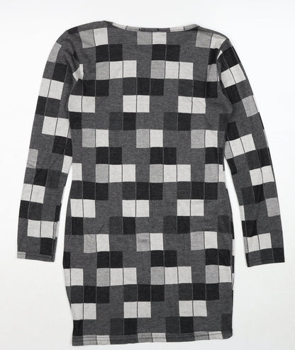Silk Womens Grey Geometric Polyester Shift Size 10 Round Neck Pullover